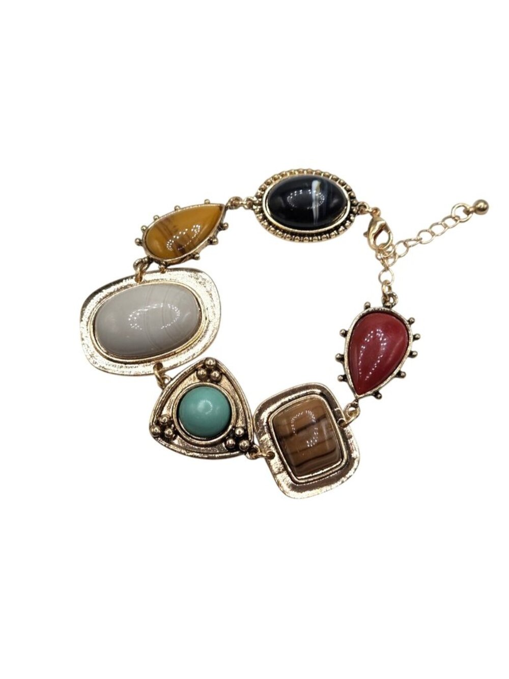 Multi-Stone Gold-Tone Bracelet With Adjustable Chain & Geometric Cabochon Design
